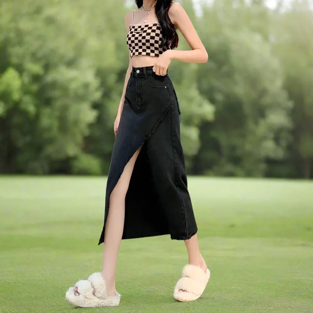 Cute High Waist Split Denim Long Skirt – Casual and Trendy