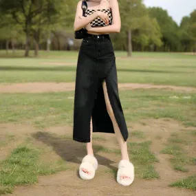Cute High Waist Split Denim Long Skirt – Casual and Trendy