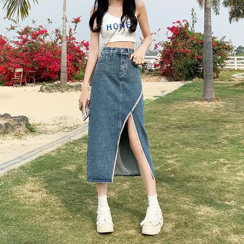 Cute High Waist Split Denim Long Skirt – Casual and Trendy