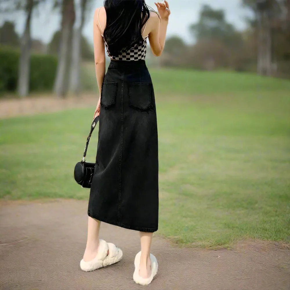 Cute High Waist Split Denim Long Skirt – Casual and Trendy