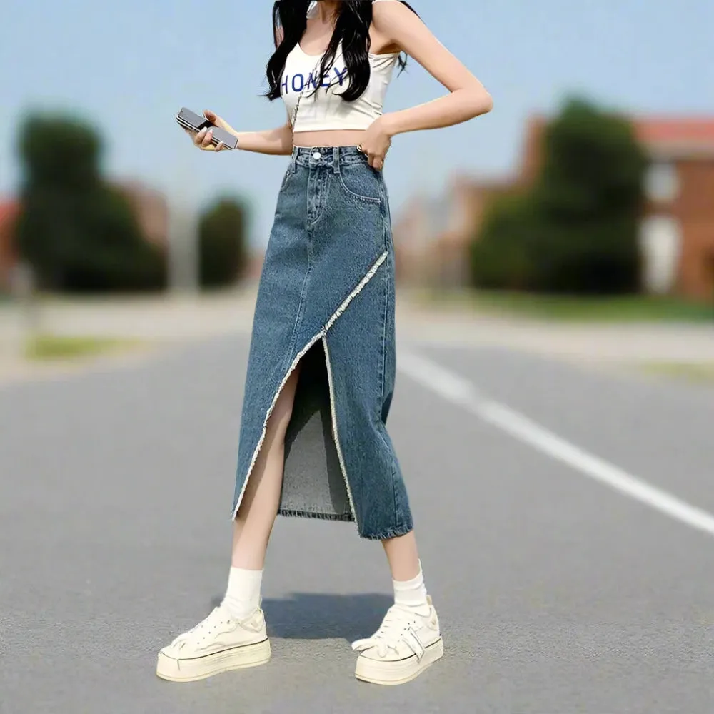 Cute High Waist Split Denim Long Skirt – Casual and Trendy