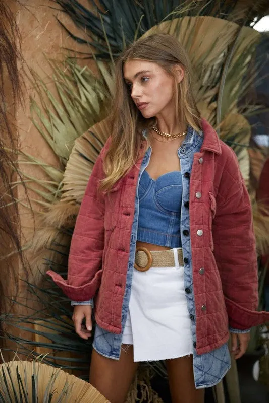 Davi & Dani Mineral Wash Quilted Pockets Shacket