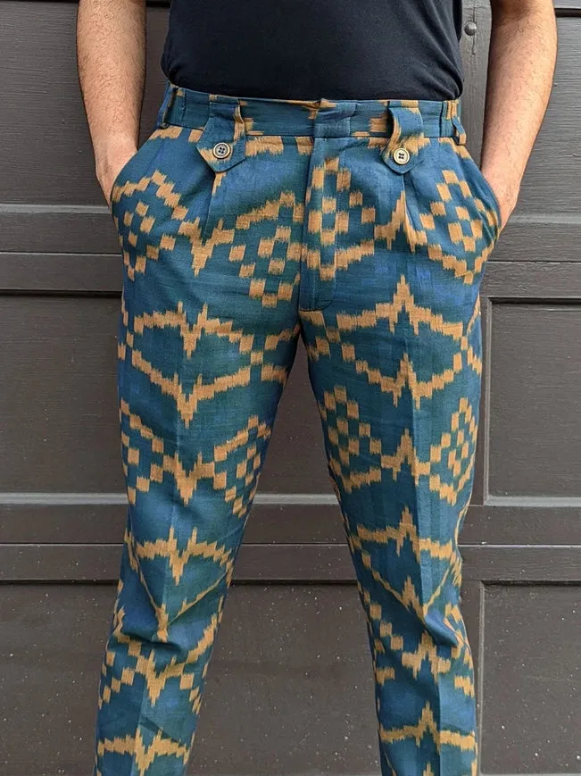 Disturbia - Teal Blue Slim Fit Handwoven Ikat Pants