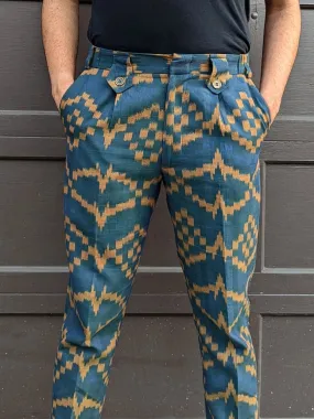 Disturbia - Teal Blue Slim Fit Handwoven Ikat Pants