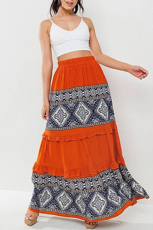ELASTIC WAIST TIERED MULTI PRINT MAXI SKIRT
