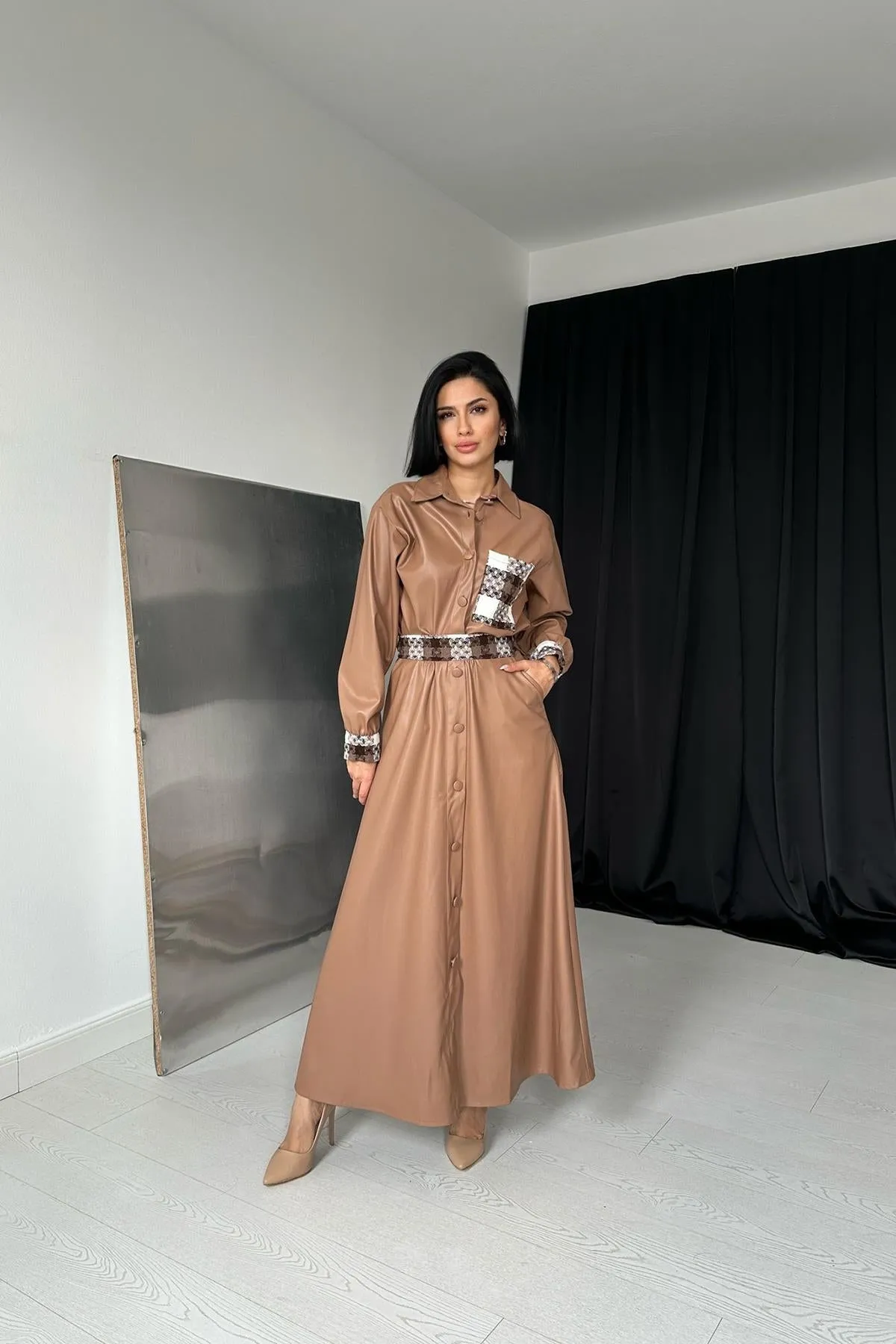 ELS Garnished Leather Skirt Suit - Tan - Barcelona