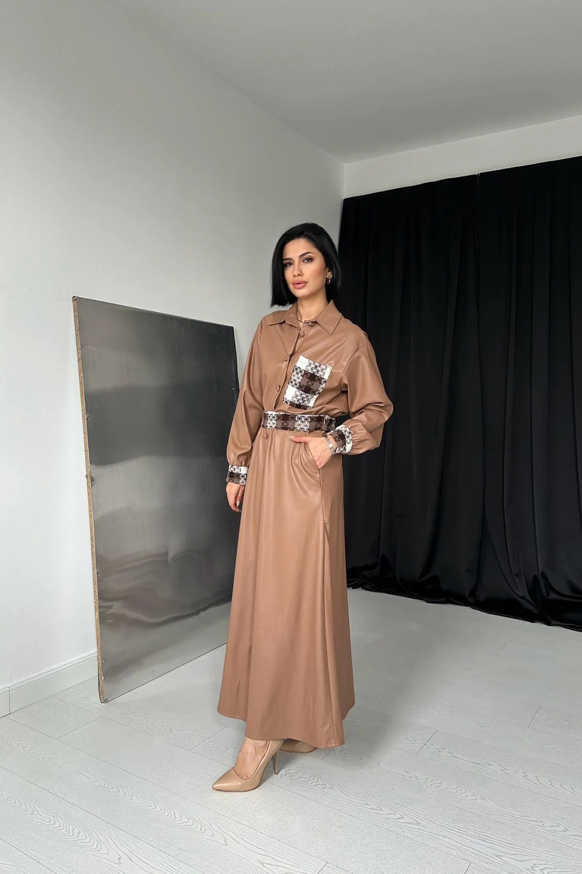 ELS Garnished Leather Skirt Suit - Tan - Barcelona