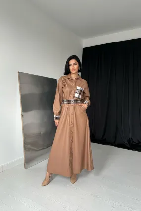 ELS Garnished Leather Skirt Suit - Tan - Barcelona