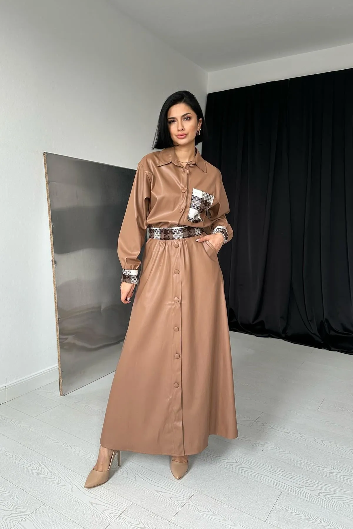 ELS Garnished Leather Skirt Suit - Tan - Barcelona