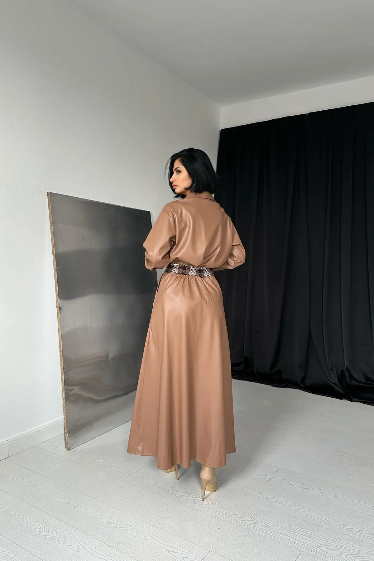 ELS Garnished Leather Skirt Suit - Tan - Barcelona