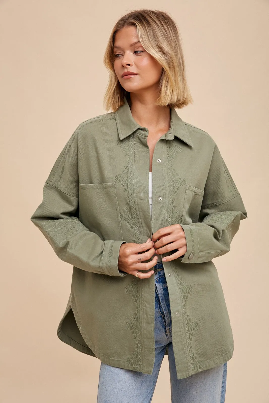 Embroidered Utility Shacket - Light Olive