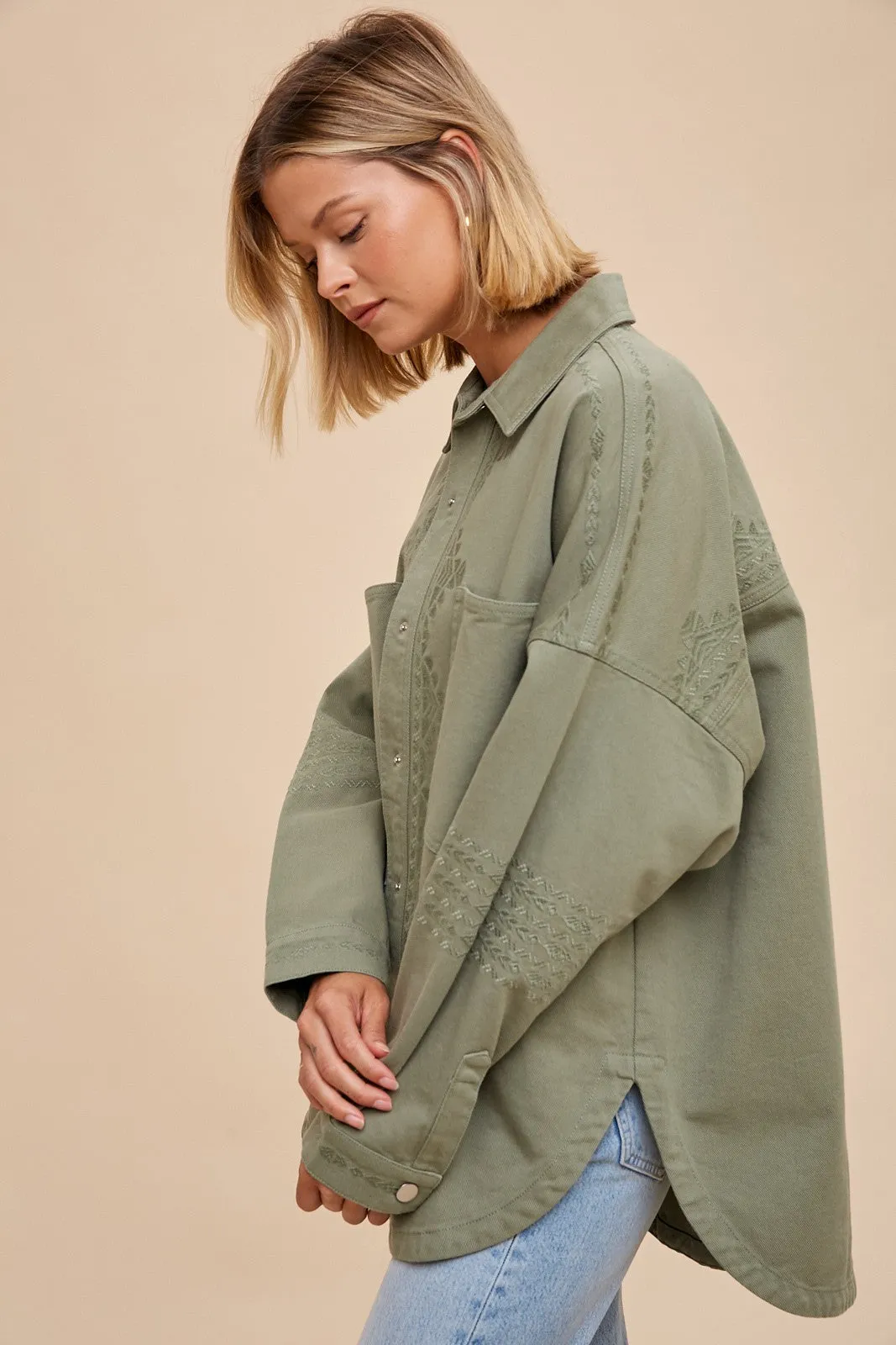 Embroidered Utility Shacket - Light Olive
