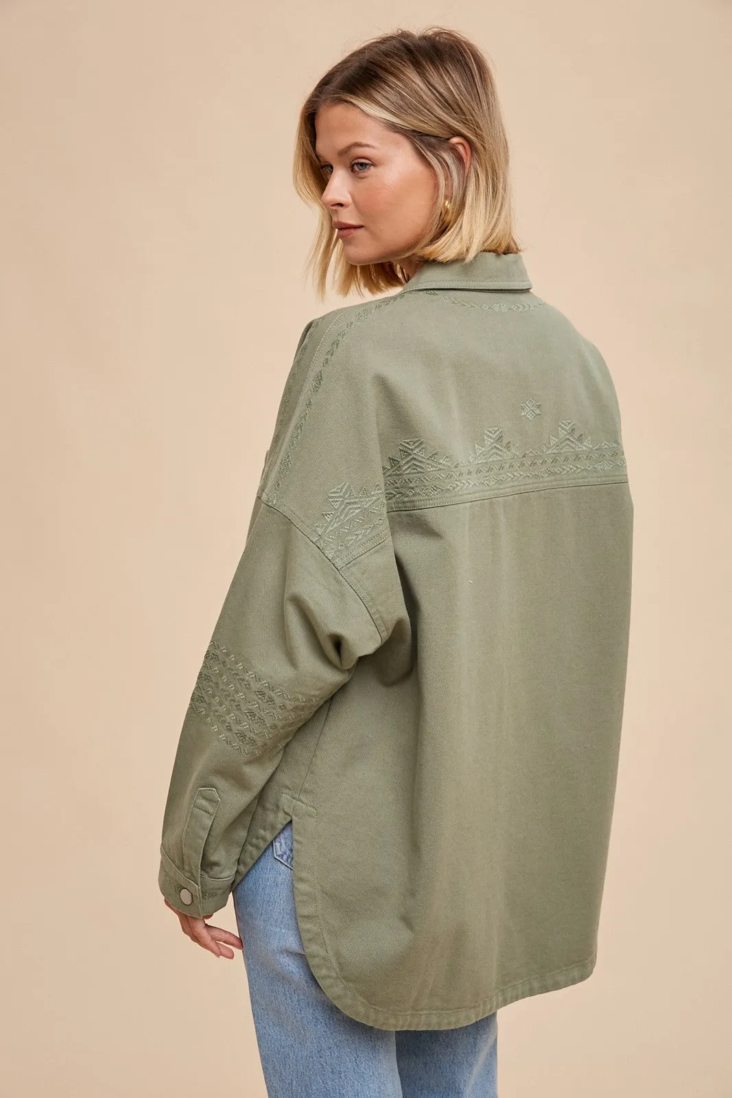 Embroidered Utility Shacket - Light Olive