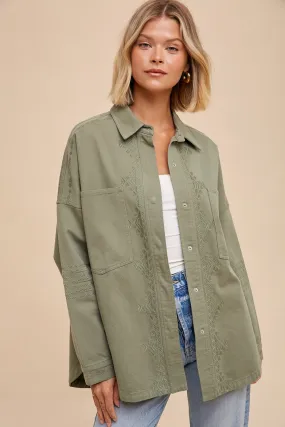 Embroidered Utility Shacket - Light Olive