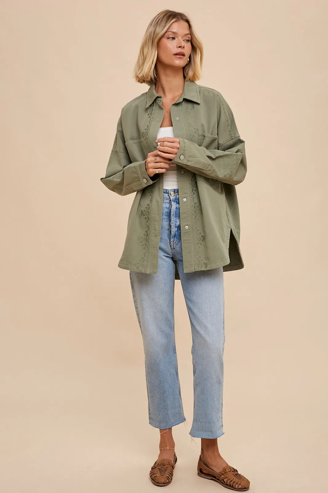 Embroidered Utility Shacket - Light Olive