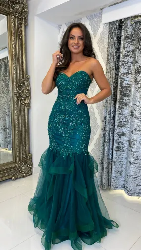 Emerald Green Strapless Jeweled Fishtail Full Length Gown