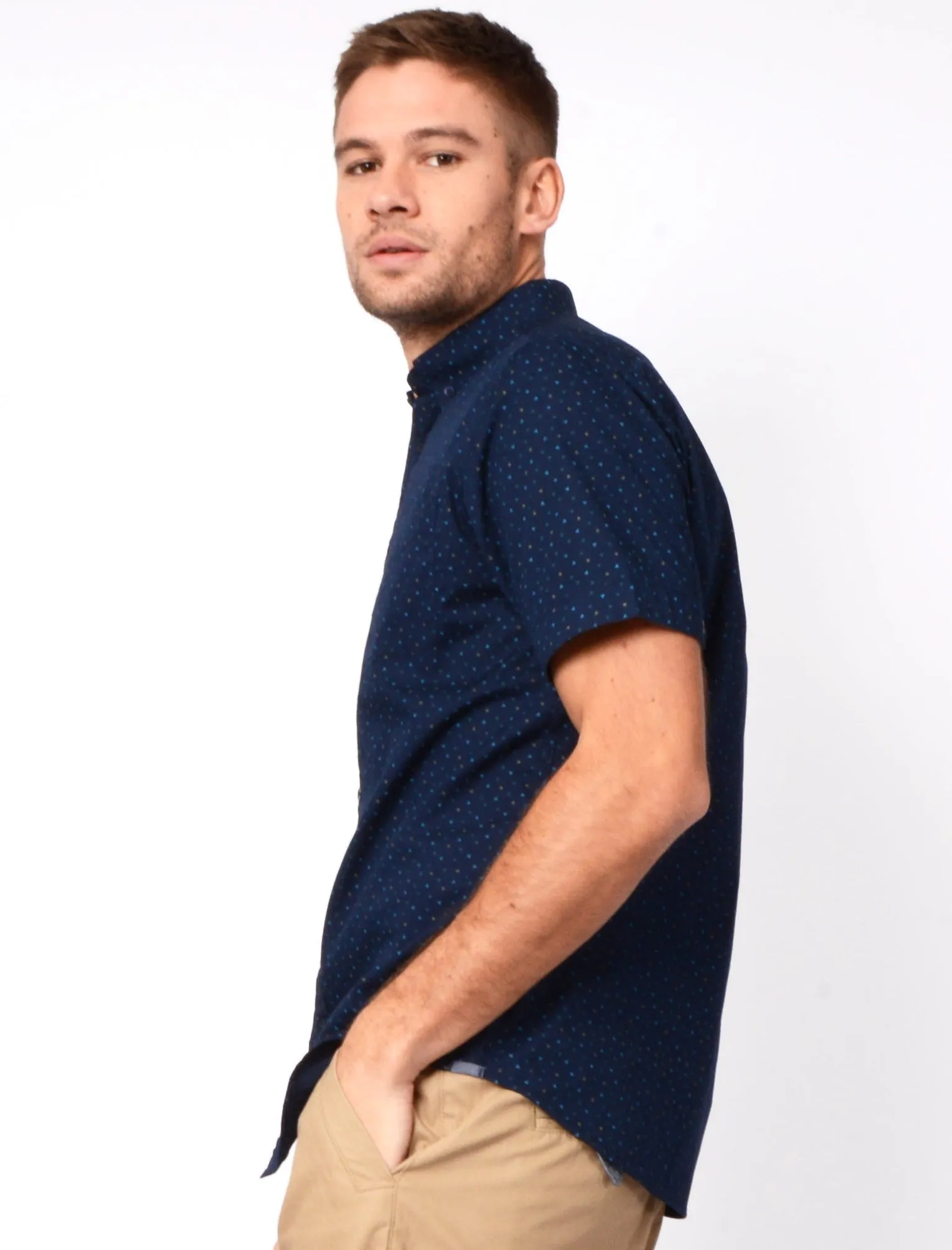 Fallbrook Triangle Print Short Sleeve Cotton Shirt In Navy - Tokyo Laundry