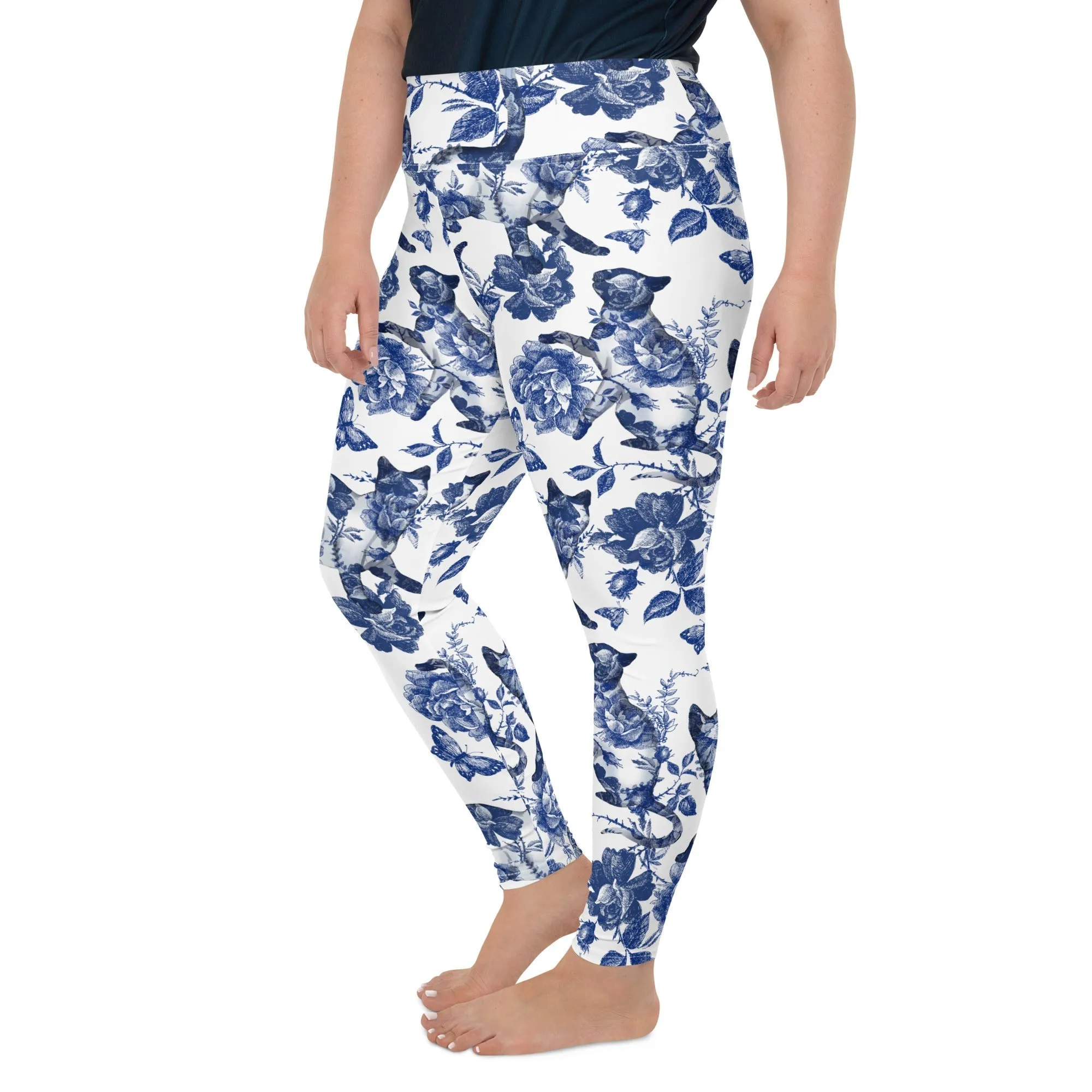 Floral Porcelain Cats Plus Size Leggings