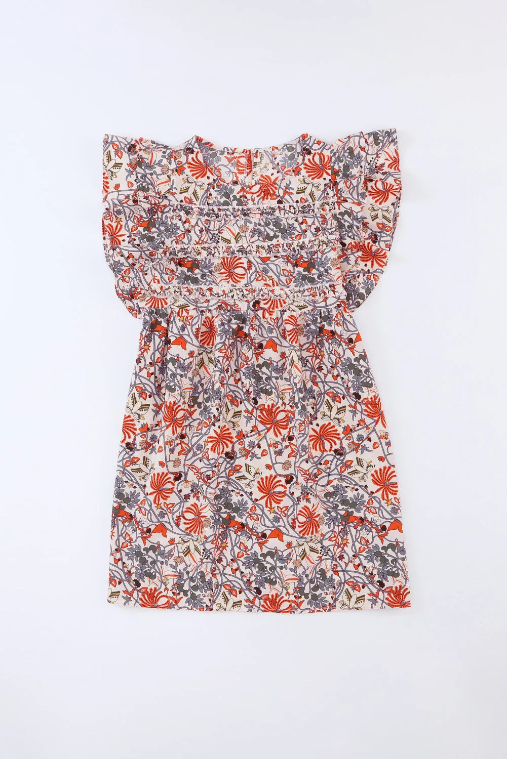 Floral Round Neck Frill Trim Dress