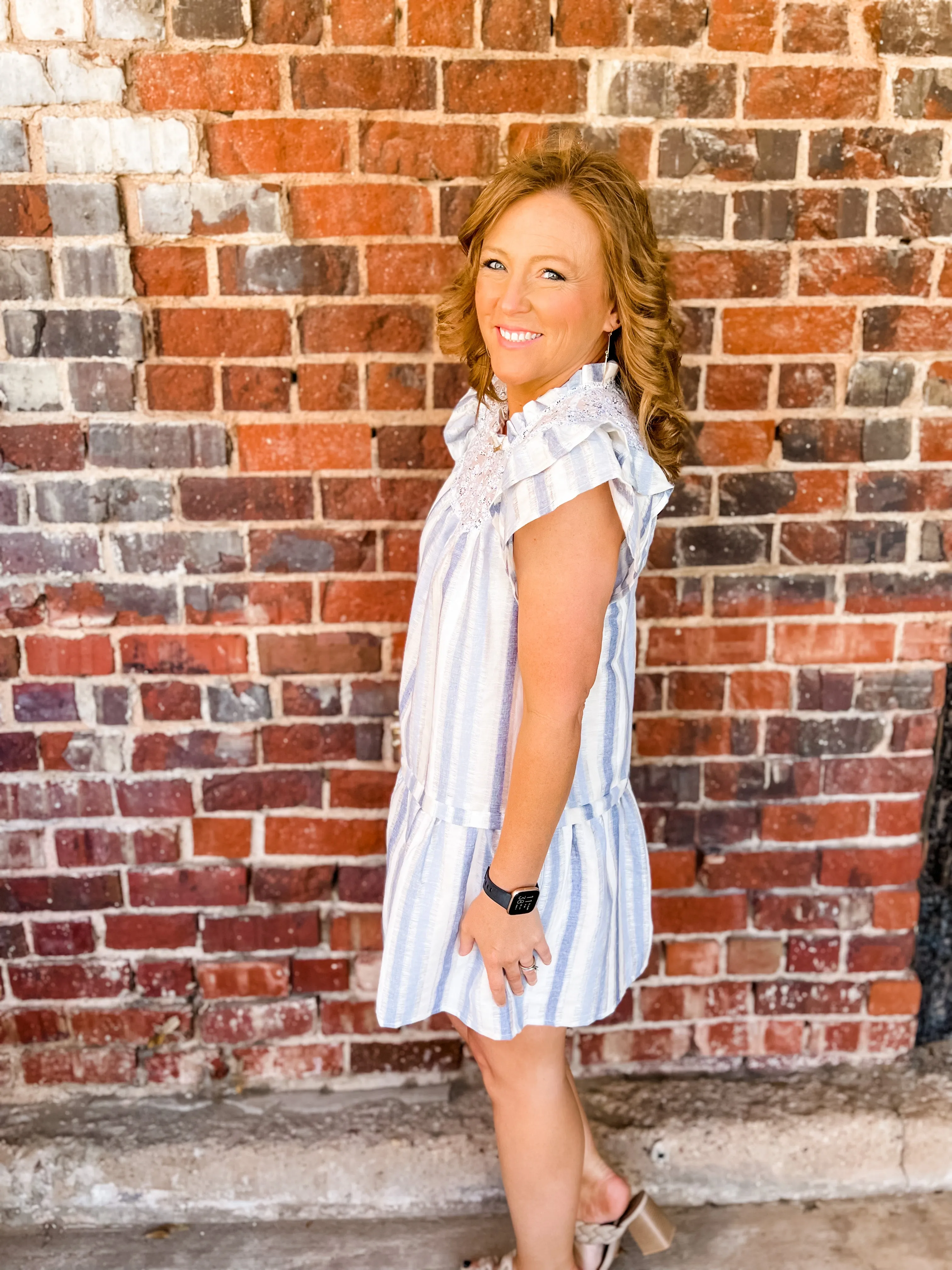 Floral Yoke Texture Stripe Dress  - FINAL SALE
