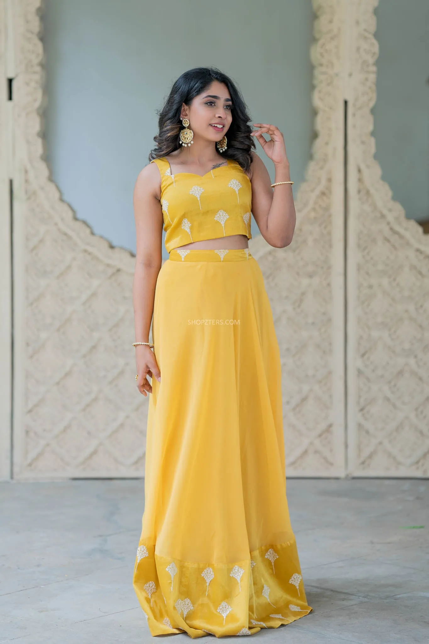 Foil Yellow Crop Top & Skirt With Embroidery & Sequins