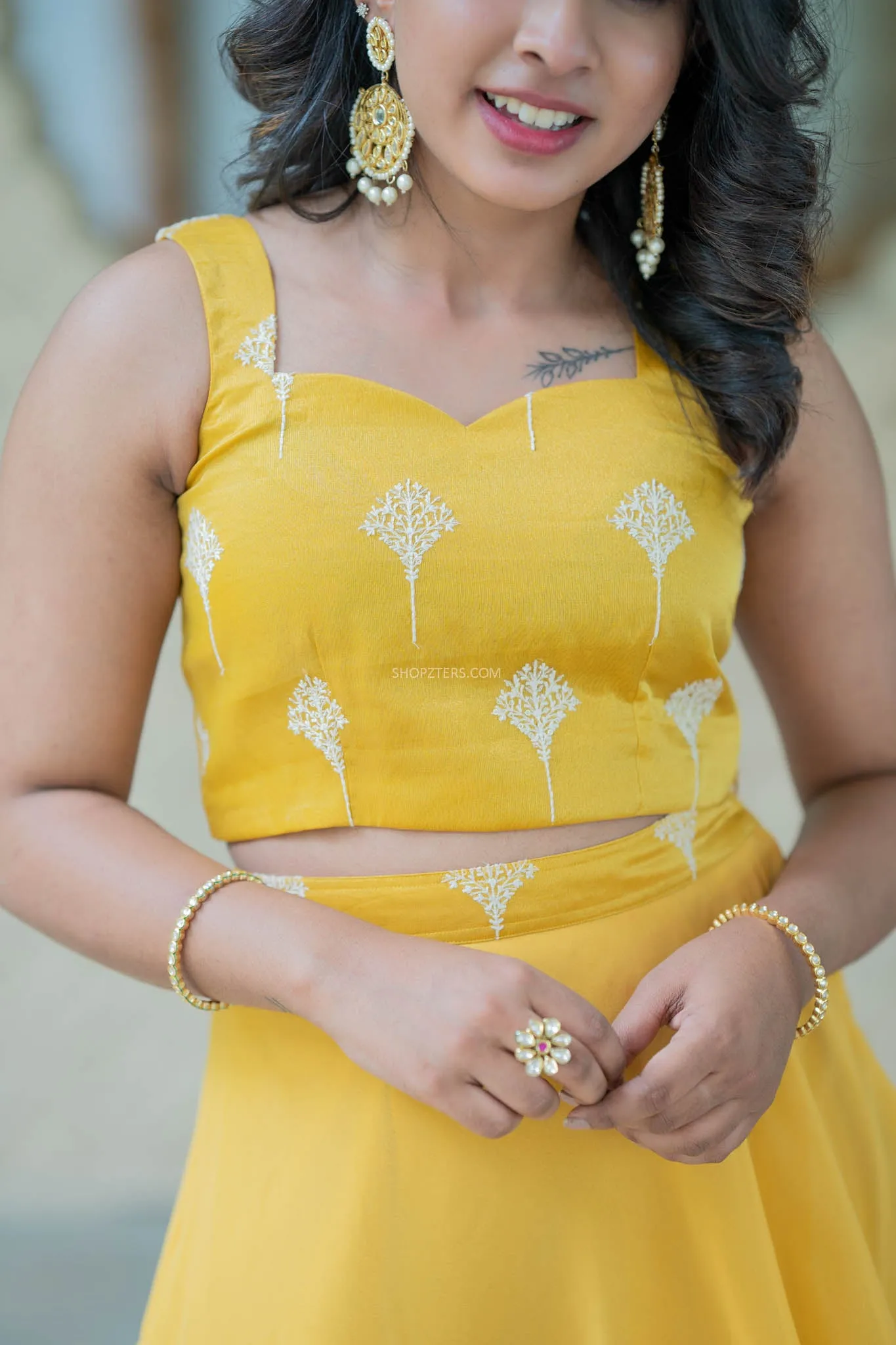 Foil Yellow Crop Top & Skirt With Embroidery & Sequins