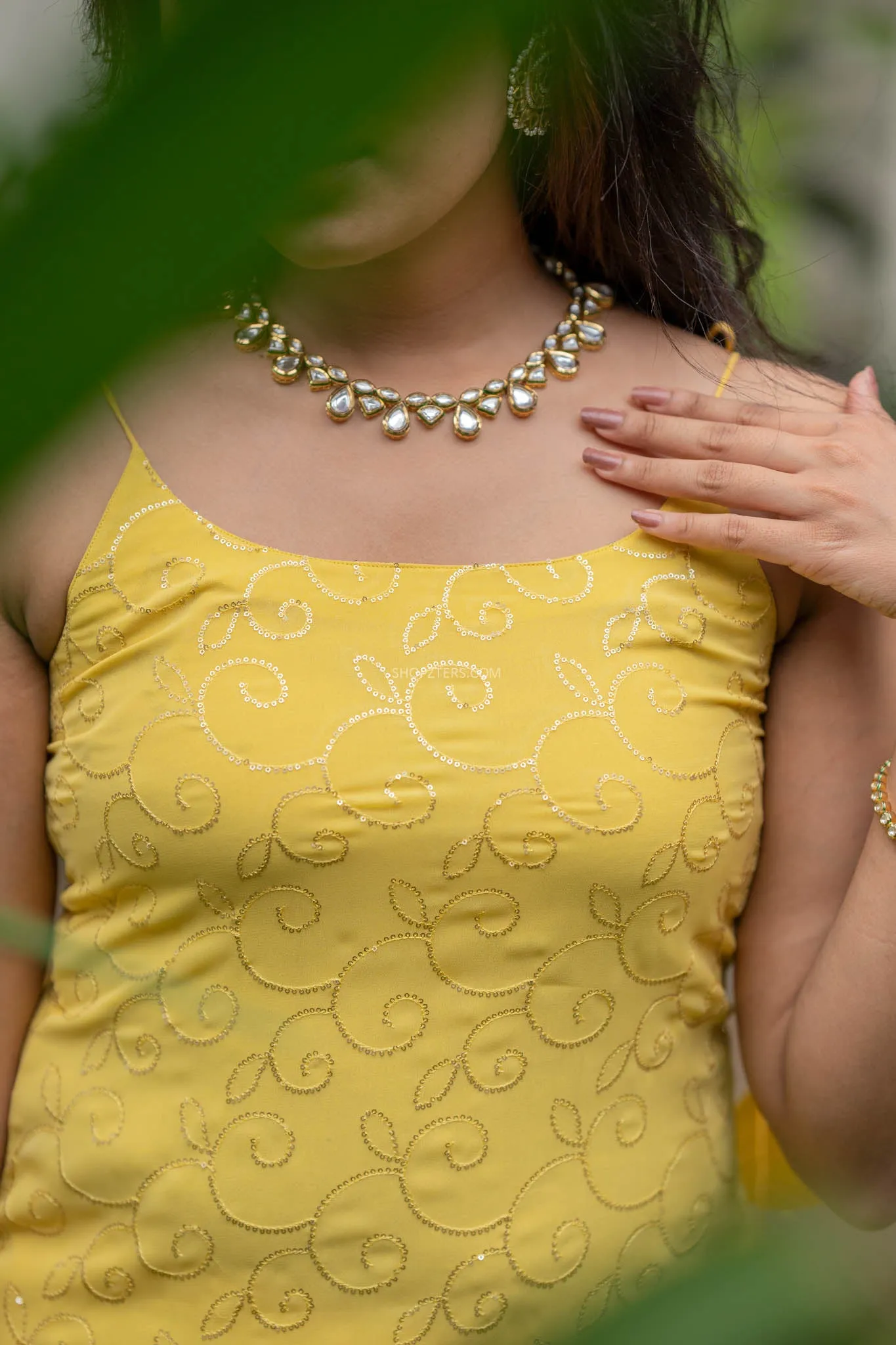 Foil Yellow Crop Top & Skirt With Embroidery & Sequins
