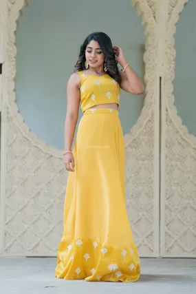 Foil Yellow Crop Top & Skirt With Embroidery & Sequins