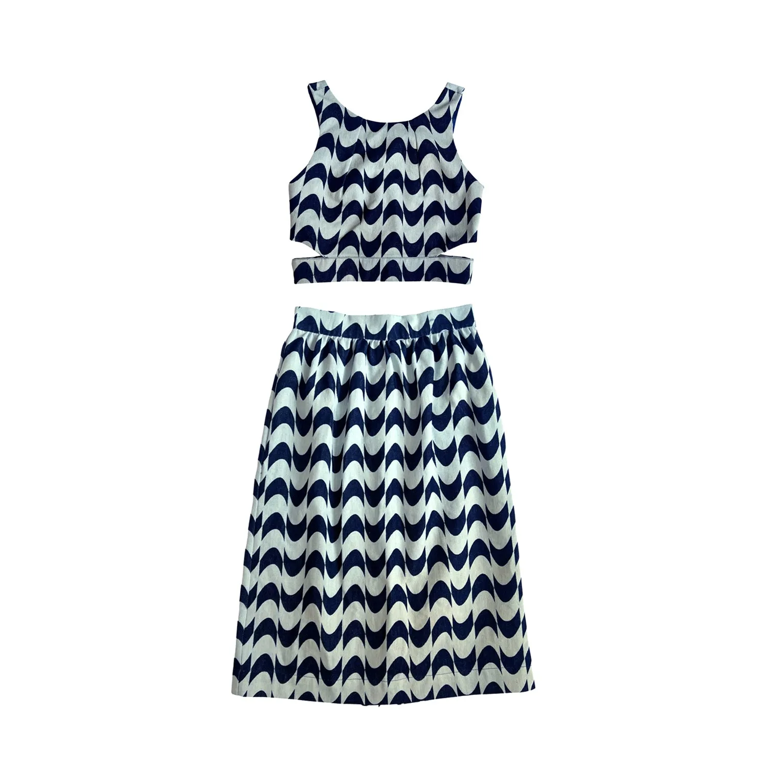 Gathered Midi Skirt in Blue Print