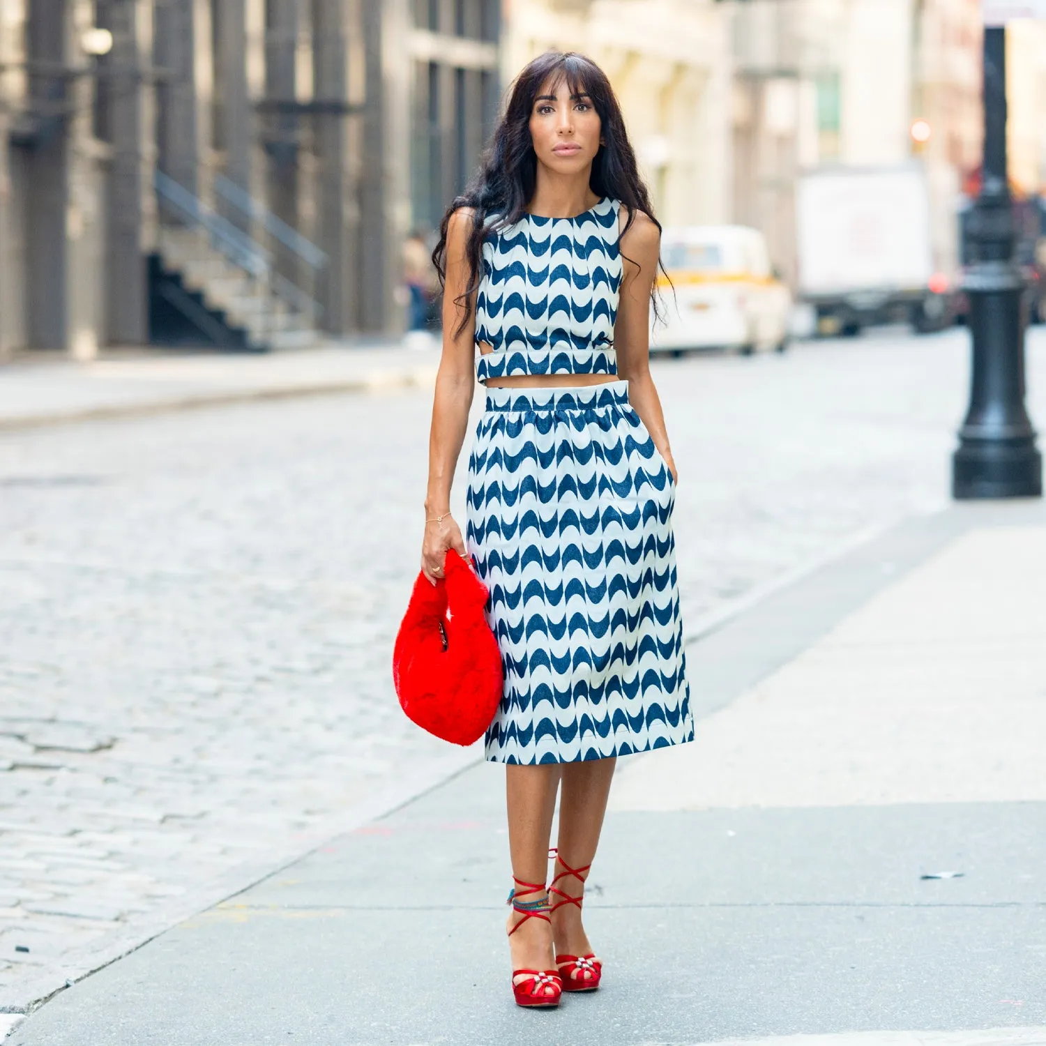 Gathered Midi Skirt in Blue Print