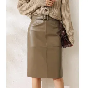 Genuine Leather High-Waist Versatile Mid-Length Skirt Bottom
