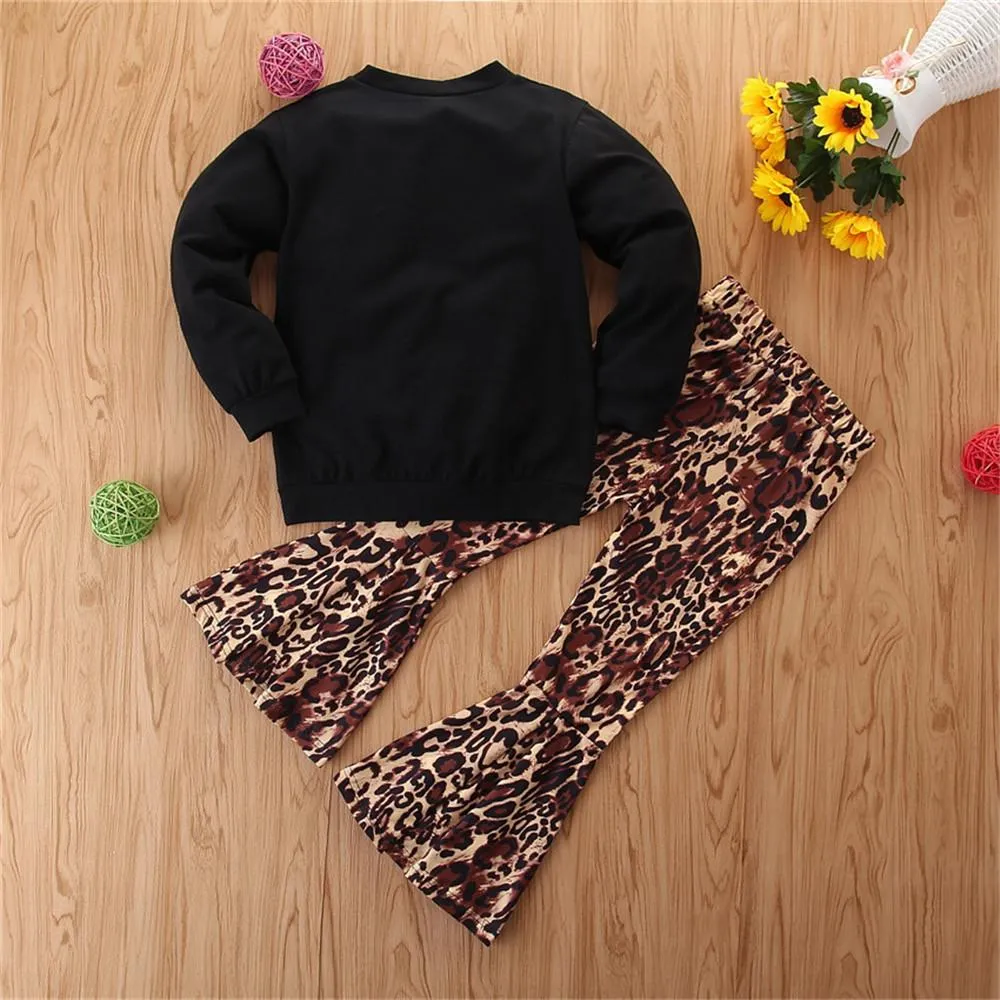 Girls Leopard Heart Long Sleeve Top & Bell Trousers Wholesale Girls