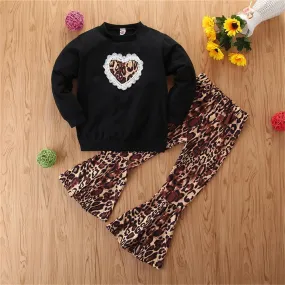 Girls Leopard Heart Long Sleeve Top & Bell Trousers Wholesale Girls