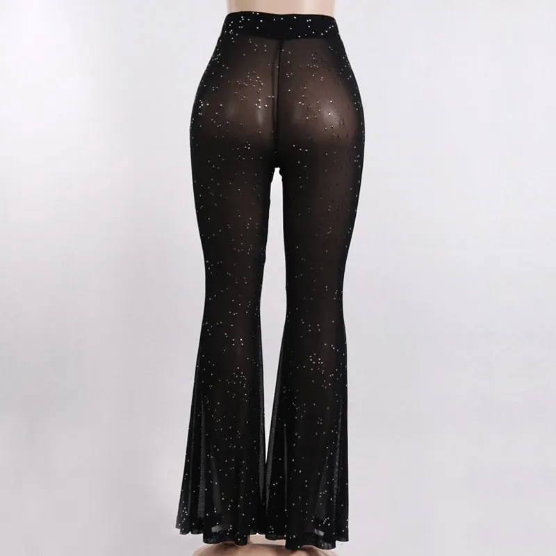 Glitter Black Sexy Flare Bellbottom Sheer Pants