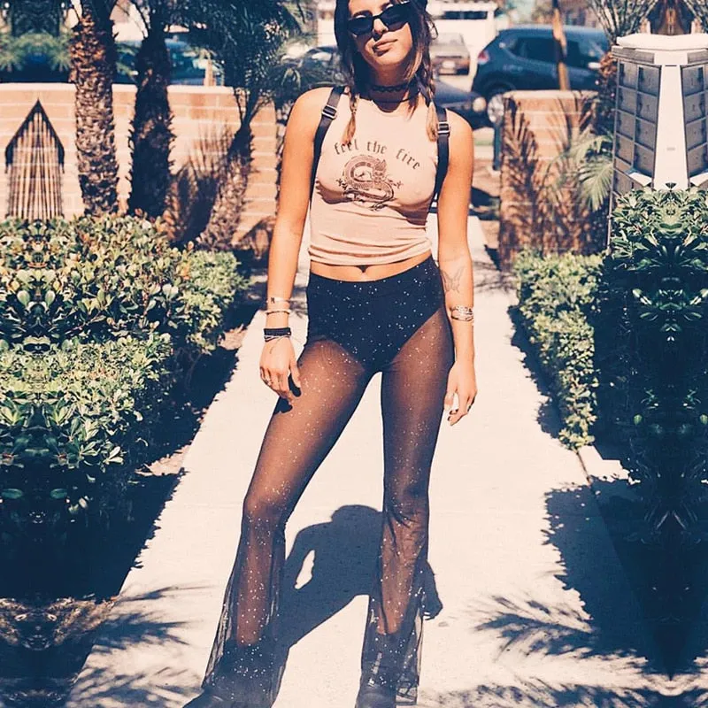 Glitter Black Sexy Flare Bellbottom Sheer Pants