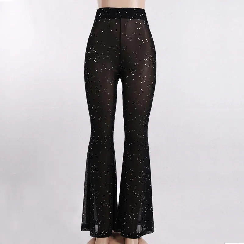 Glitter Black Sexy Flare Bellbottom Sheer Pants