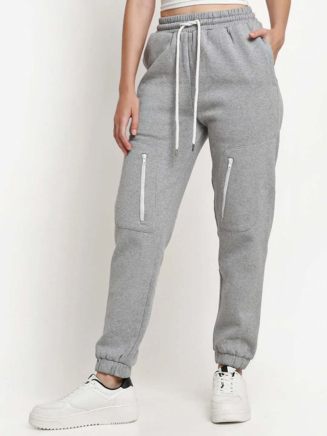 Grey Melange Zipper Utility Cargo Jogger