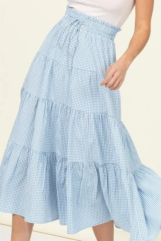High-Waist Gingham Print Midi Skirt
