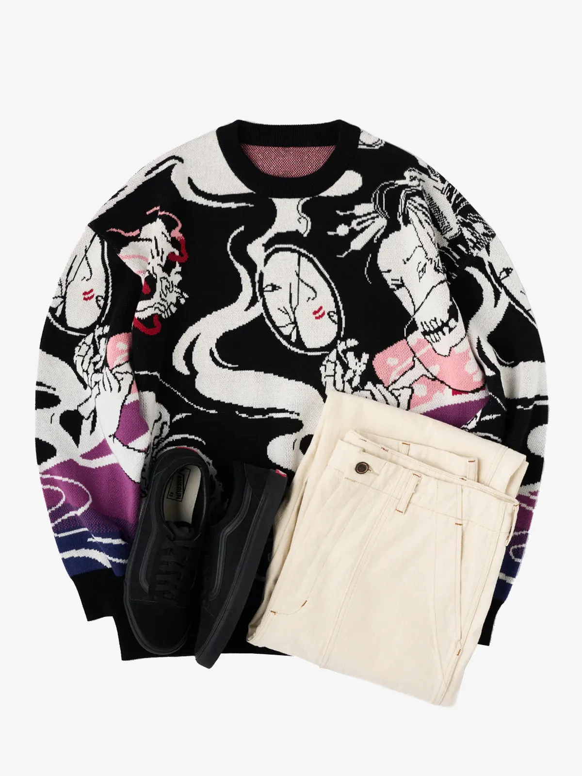 Intertwining Humans & Yokai Jacquard Knitted Sweater