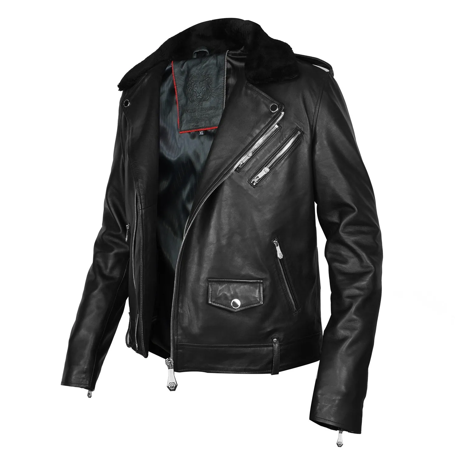 Italian Velvet Collar Black Genuine Leather Biker Jacket with Adjustable Waist Belt by Brune & Bareskin