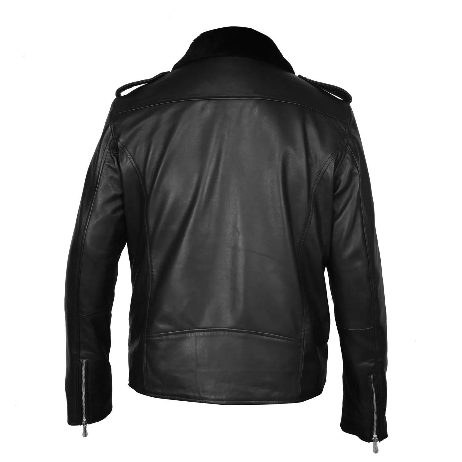 Italian Velvet Collar Black Genuine Leather Biker Jacket with Adjustable Waist Belt by Brune & Bareskin