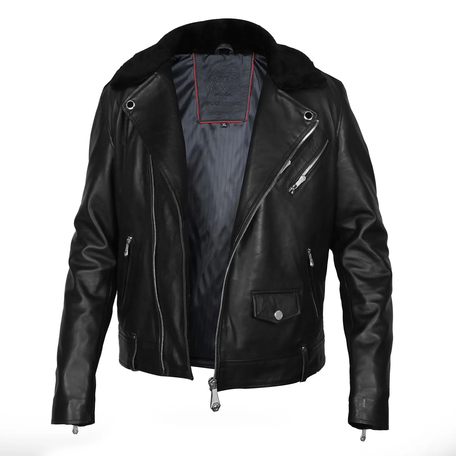 Italian Velvet Collar Black Genuine Leather Biker Jacket with Adjustable Waist Belt by Brune & Bareskin