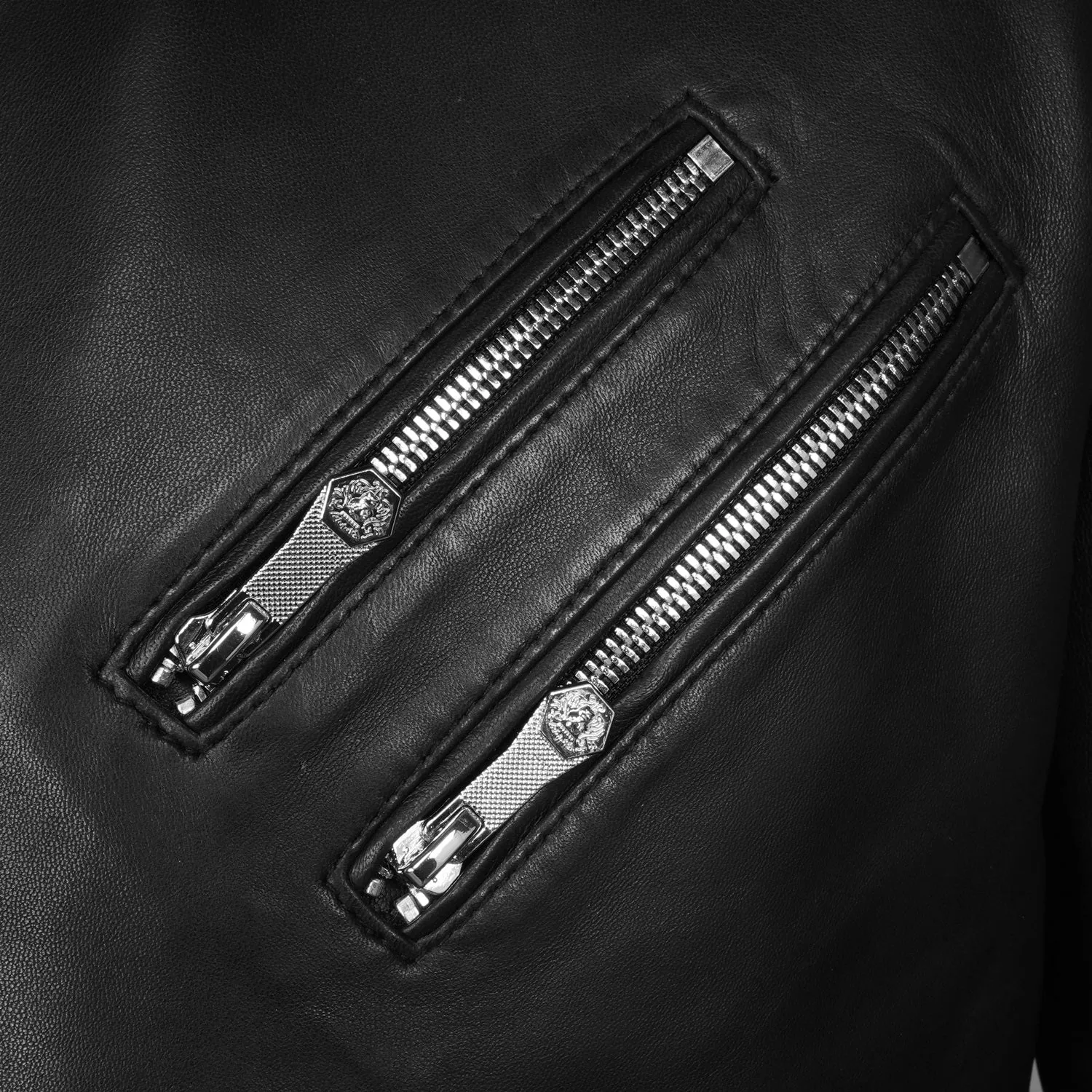 Italian Velvet Collar Black Genuine Leather Biker Jacket with Adjustable Waist Belt by Brune & Bareskin