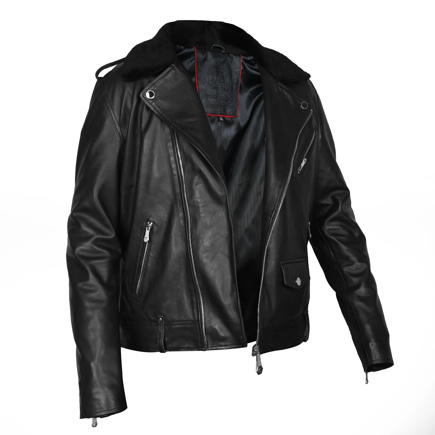 Italian Velvet Collar Black Genuine Leather Biker Jacket with Adjustable Waist Belt by Brune & Bareskin