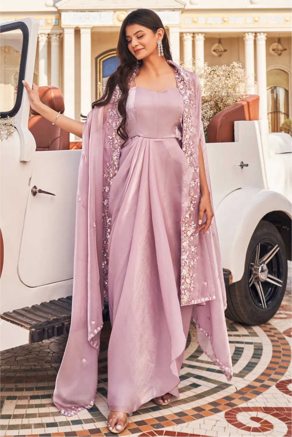 Jannet Paper Organza Gown with Embellished Cape