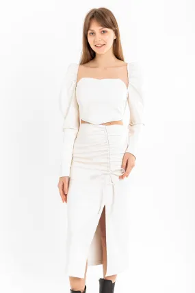 KKT Leather Fabric Above Knee Shirred Slit Women'S Skirt - Ecru - Bloomington