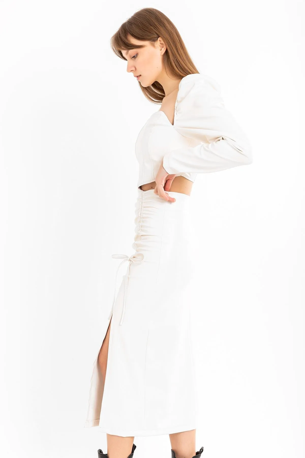 KKT Leather Fabric Above Knee Shirred Slit Women'S Skirt - Ecru - Bloomington