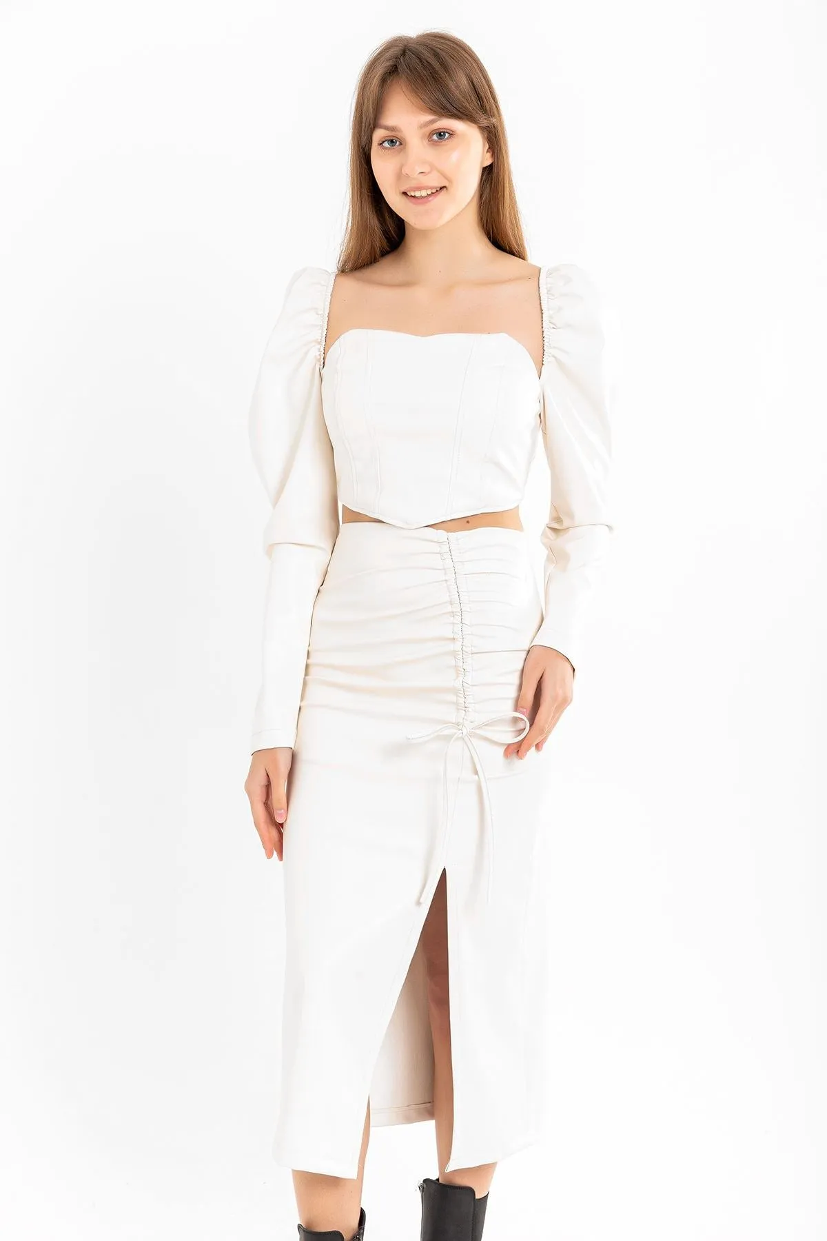 KKT Leather Fabric Above Knee Shirred Slit Women'S Skirt - Ecru - Bloomington