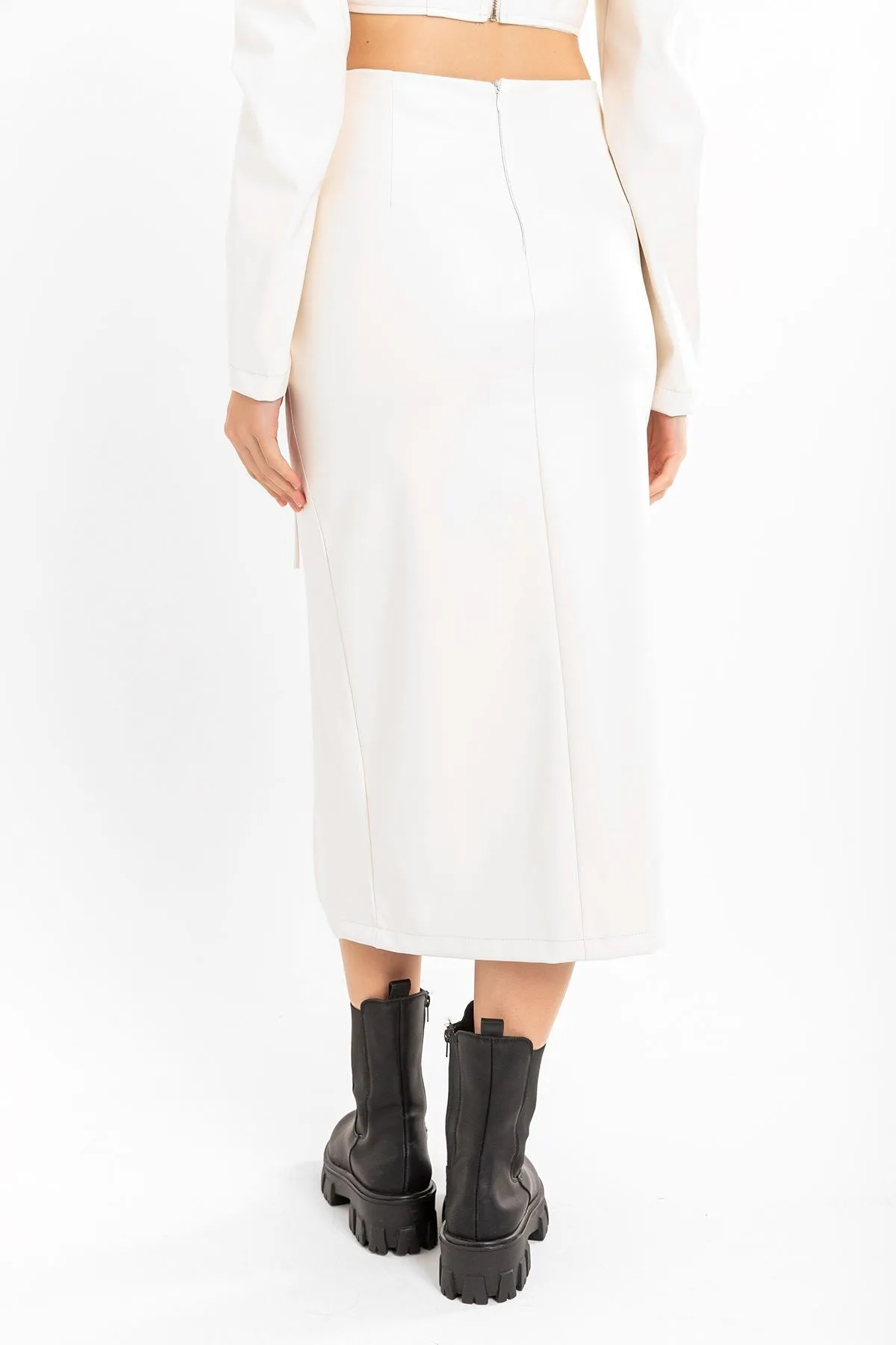 KKT Leather Fabric Above Knee Shirred Slit Women'S Skirt - Ecru - Bloomington