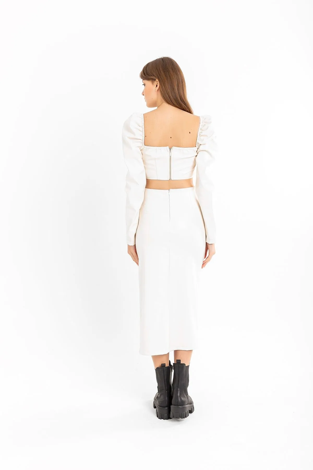 KKT Leather Fabric Above Knee Shirred Slit Women'S Skirt - Ecru - Bloomington